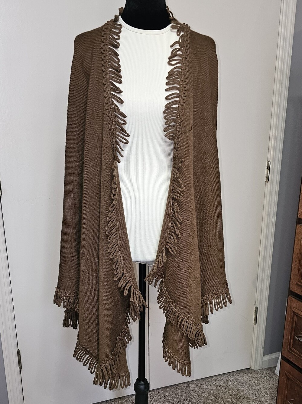 Coldwater Creek Brown Looped Fringe Cascading Cape OS